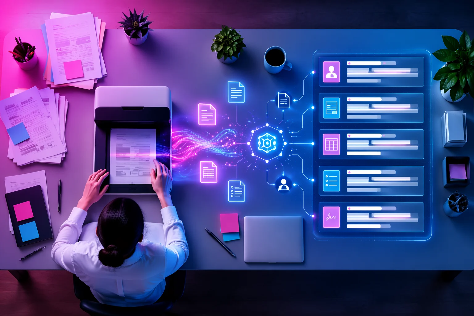 AI in Content Services: Business Cases — knowledge worker scanning paper documents transforming into structured digital data